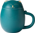 HEER Cat Tea Cup with Infuser and Lid - 13.5oz Ceramic Tea Mug - Cat Lover Gift for Friends Family. (Green)