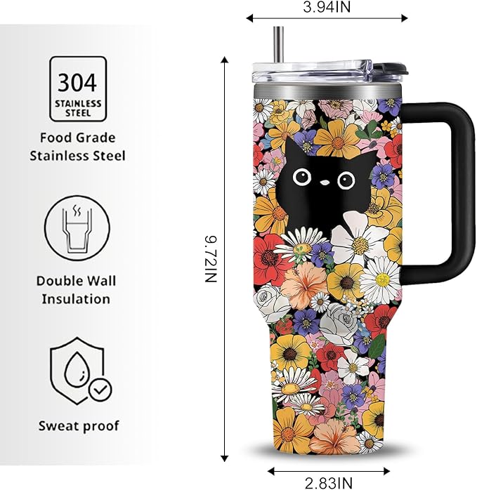 Cat Lover Gifts, Flower Bushes and Black Cats Tumbler 40Oz, Christmas Birthday Gift for Cats Lovers Women Cup Vintage Flowers Aesthetic Cute Cat Themed Stuff Funny Coffee Cup