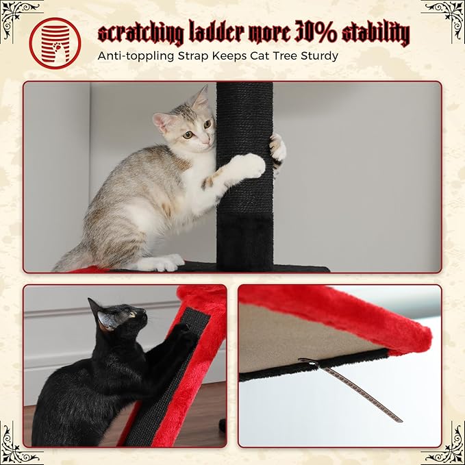 PEQULTI Gothic Cat Tree Floor to Ceiling, Tall Cat Tower, Adjustable Height (83''-108'') 5 Tiers Climbing Tree for Indoor Cats with Cat Condo, Scratching Post and Ladder, Black