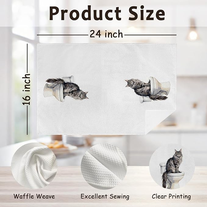 Funny Maine Coon Cat Gifts for Women Men, Maine Coon Cat Hand Towels for Bathroom Washroom Decor, Cute Cats Themed Decorative Hand Towels Set of 2, Kitty Themed Dish Tea Towel, 16x24 Inch