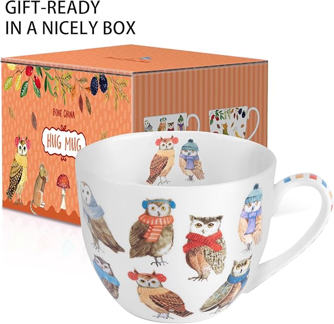 Cute Autumn Owls Coffee Mug, 20 oz Bone China Mugs with Charming Owls in Color Scarves and Hats, Perfect Brithday and Christmas Gift for Bird Enthusiasts, Designed in England by Harvest Green Studio
