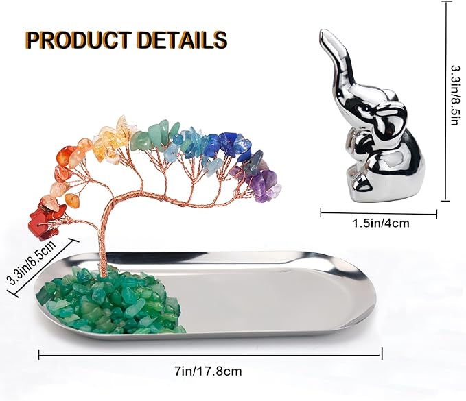Carselage Elephant Ring Holder for Jewelry, Elephant Gifts for Women, Chakra Crystal Tree Ring Dish Earrings Box Organizer Trinket Tray, Living Room Bathroom Home Decoration, Mothers Day Mom Gifts