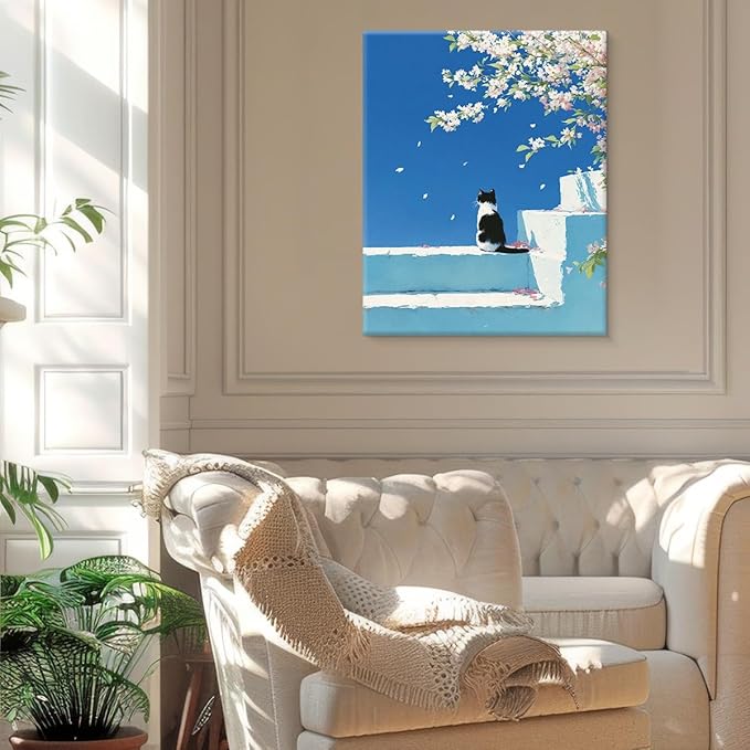 Cute Cat Floral Blue Wall Art Decor Cherry Blossom Kitten Print Picture Cat Lover Gifts Wall Decor for Home Living Room Bedroom 8x10 Inch Canvas Framed