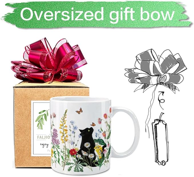 FALJIOK Cute Black Cat and Flowers 11oz Porcelain Coffee Mug, Gift for Cat Lover, Mom, Friend, Bestie
