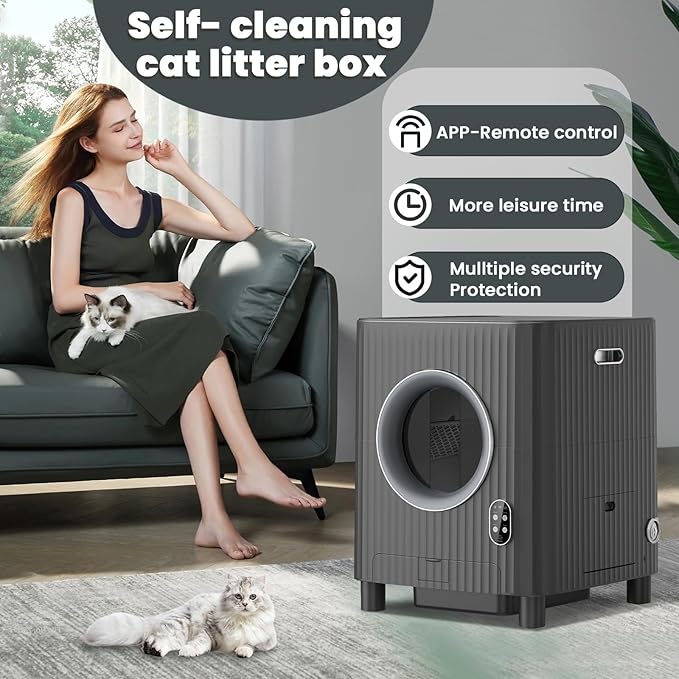 Self Cleaning Cat Litter Box,Electric Entrance Door Automatic Cat Litter Box,Video Monitor,Large Capacity for Multiple Cats with Mat-Anti-Pinch/Odor-Removal/APP Control