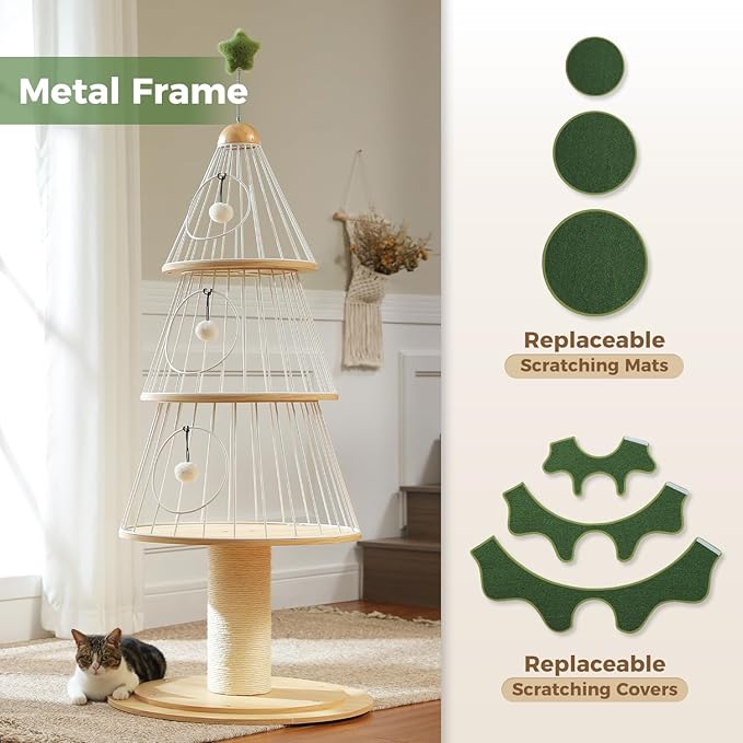 MUTTROS Modern Cat Tree-51.2" Cat Christmas Tree w/Thick Scratch Post(φ5.4in), Wood Cat Tower w/ 3 Condos-Heavy Duty Furniture w/Metal Frame & Replaceable Mat for Indoor Kitty, Green
