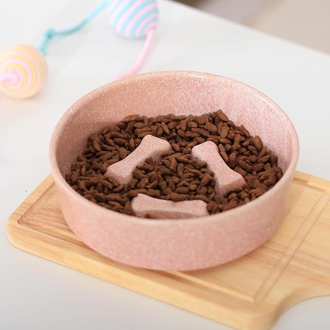 Ceramic Slow Feeder Cat Bowls 6 Inch Cute Bone Slow Feeding Dog Food Bowl,Whisker-Friendly, Anti-Vomiting Feeder for Cats and Small Dogs Non Slip Dishwasher/Microwave Safe (Pink)
