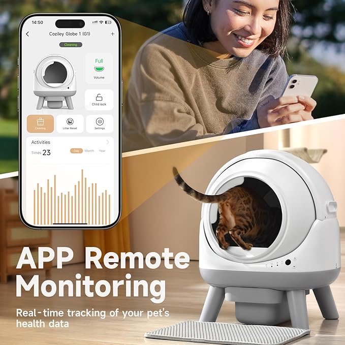 Self Cleaning Litter Box for Multiple Cats, G1 Automatic Cat Litter Box, Self-Cleaning Robot with Smart APP Control and Health Monitoring, Includes 2 Roll Trash Bag and Litter Mat, White