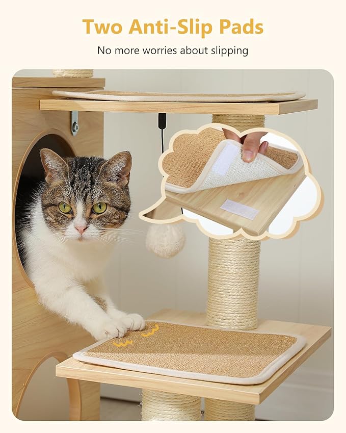 MUTTROS 42.5" Modern Wooden Cat Tree with 2-Story Condo, Scratching Posts, Capsule Nest & Dangling Balls - Sky City Design Indoor Furniture for Cats, Beige