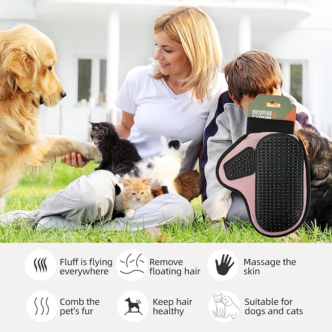 Pink Double-Sided Cat Shedding Glove Breathable Pet Grooming Massage Glove Slicker Brush Glove for Cats and Dogs Hair Removal Mitt