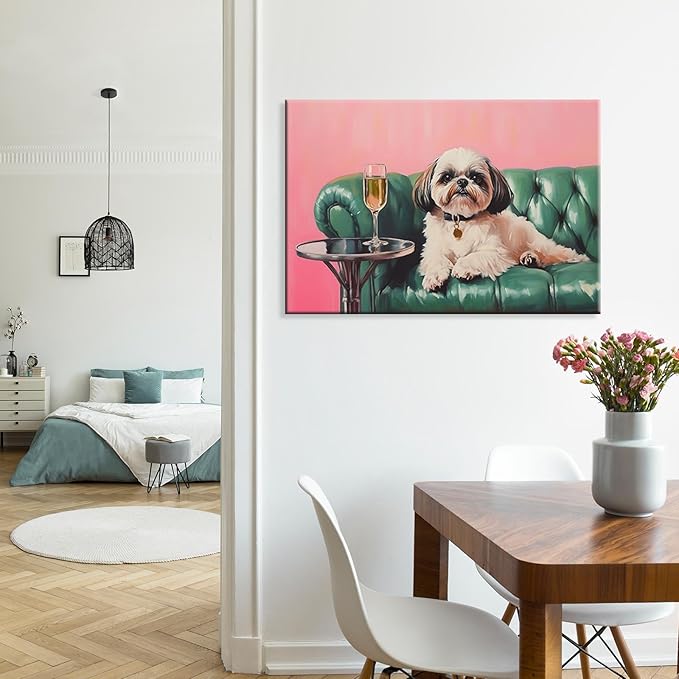Shih Tzu With Champagne Wrapped Framed Print Poster Whimsical Pet Art Bar Cart Decor Wall Art Room Decor Aesthetics Ready To Hang 16X24 inch