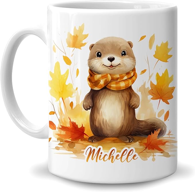 Hyturtle Personalized Fall Otter Maple Leaves Coffee Mug - Birthday Gifts For Otter Lovers - Fall Autumn Decor Gifts For Farmhouse Thanksgiving - Custom Name 11oz White Ceramic Coffee Tea Mug