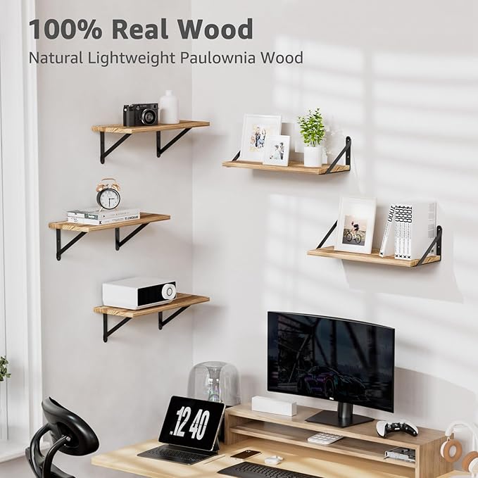 COCOYA Wall Shelves 7.3" Deep Set of 3, Solid Paulownia Wood Wider Longer Sturdy Easy to Install Wall Mounted Bookshelves Storage Shelves Bathroom Home Office Laundry Room Bedroom Organizer