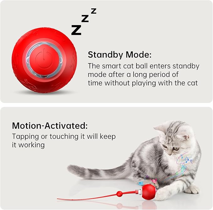 Interactive Cat & Dog Toys for Indoor Pets, Automatic Electric Self Rotating Ball with Chirping Sound, Motion Activated Long Tail - Smart Spinning Ball for Fun Exercise, Cats and Dogs Play, Red