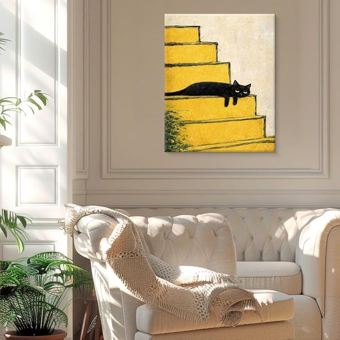 Vintage Black Cat Wall Art Decor Cute Kitten on Stairs Print Picture Cat Lover Gifts Wall Decor for Home Living Room 8x10 Inch Canvas Framed