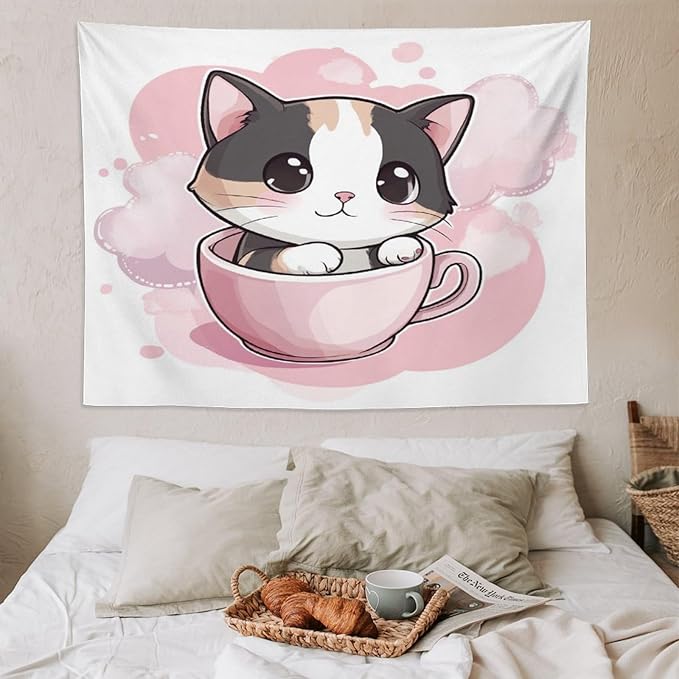 Tapestry's Wall Hanging Kawaii Cat Tapestry Pink Smile Kitten Cat Face Meow Bedroom Tapestries for Bedroom Aesthetic Home Decor 60"x80" Wall Hanging for Home Decor Bedroom Living Room Dorm Decor