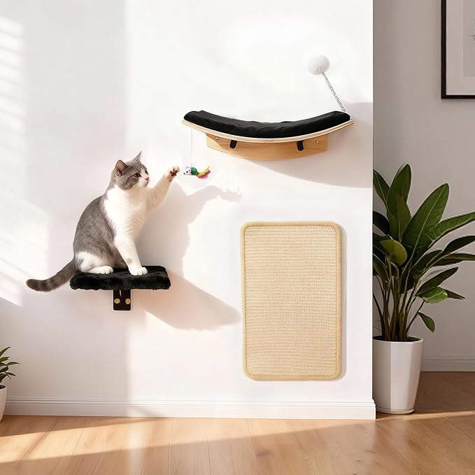 Cat Shelves for Wall，5 in 1 Cat Furniture Set with Soft Curved Pad，Modern Space-Saving Wall Mounted Shelves for Play & Rest