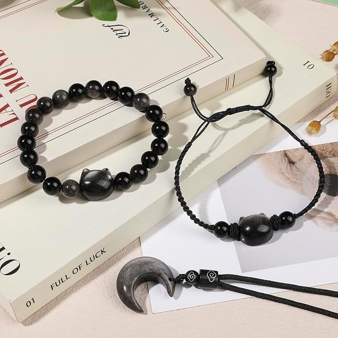 Black Obsidian Cat Bracelet and Moon Pendant Necklace Jewelry Set-Cat Lover Gifts,Wealth Attraction,Good Luck,Bead Bracelet,Mindfulness,Beaded Bracelets, Obsidian Pendant Necklace-Cute Gifts for Women