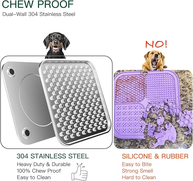 Stainless Steel Large Lick Mat for Dogs & Cats, Chew-Proof Slow Feeder, Anxiety Reducer, Whisker-Friendly for Cats, Non-Slip Heavy Duty Base, Raw Feeding Pad, Dishwasher Safe