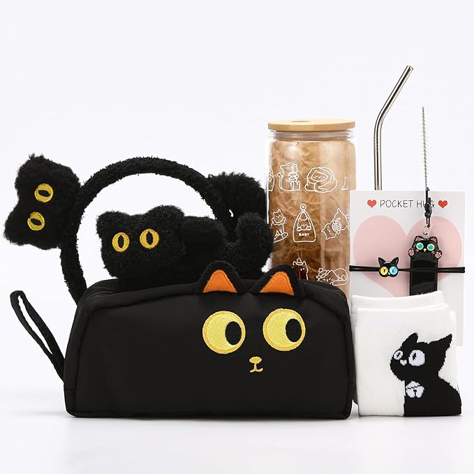 7-Piece Adorable Cat Lover Gift Set for Women | Cute Cosmetic Bag, Glass Straw Cup,Cat Print Socks & Kitty Designs Hair Accessories (Clips + Headband) | Perfect Birthday Christmas Gifts for Girls