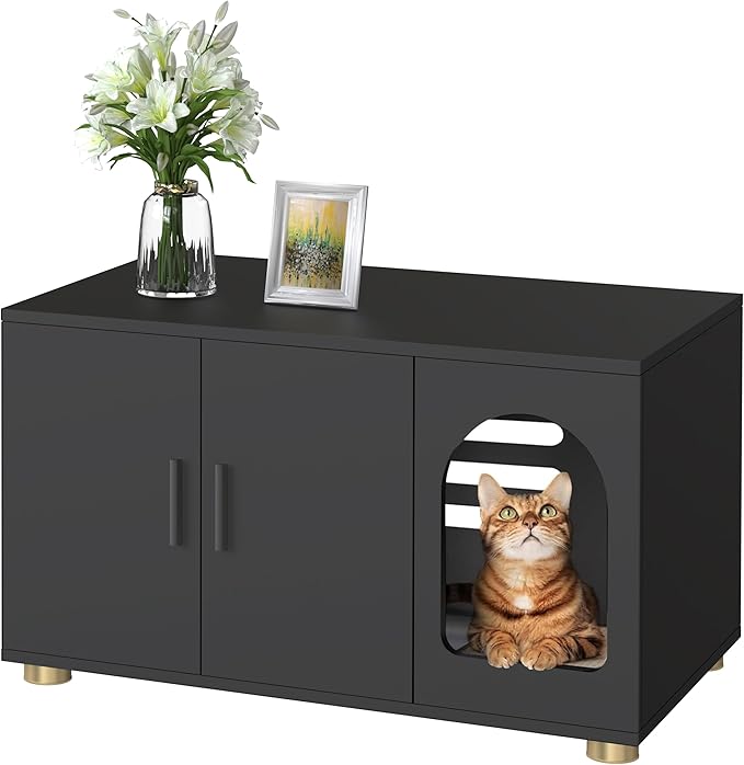 Cat Litter Box Enclosure Furniture, Modern Stackable Litter Box Cabinet with Cat Scratch Mat, Side Table (Black)