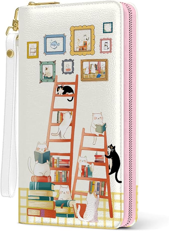 Cat Womens Wallet, Cats Wristlet Wallet For Women, Cute Cats Card Holder Purse With Zipper, Birthday Christmas Graduation Gifts For Cat Lovers Readers, Aesthetic Office Daily Purse