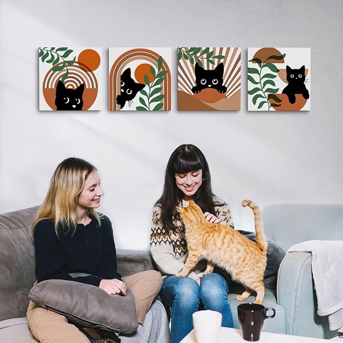 4 PCs Boho Cat Canvas Wall Art Framed Wall Decor, Botanical Wall Decor Bohemian Decor, Cat Lover Gifts, Cat Themed Gifts Art Prints Paintings, Cat Pictures Home Decor for Nursery Bedroom Farmhouse