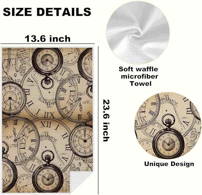 Ancient Pocket Watch Kitchen Towels, Retro Clock Decorative Absorbent Microfiber Dish Cloth Tea Towel, Waffle Soft Hand Towels for Farmhouse Home Bathroom Decor, Housewarming Gifts