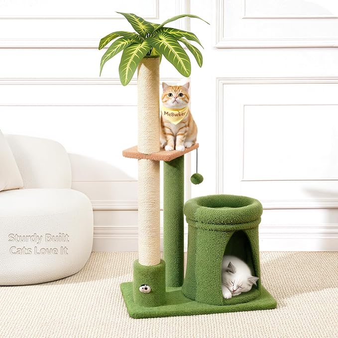 Cat Tree Tower Scratch Post Stand for Indoor, 41" Compact Palm Tree Kitten House Condo with Cozy Bed for Small Cats, Space Saving Design, Supports Climber Scratching Playing and Rest