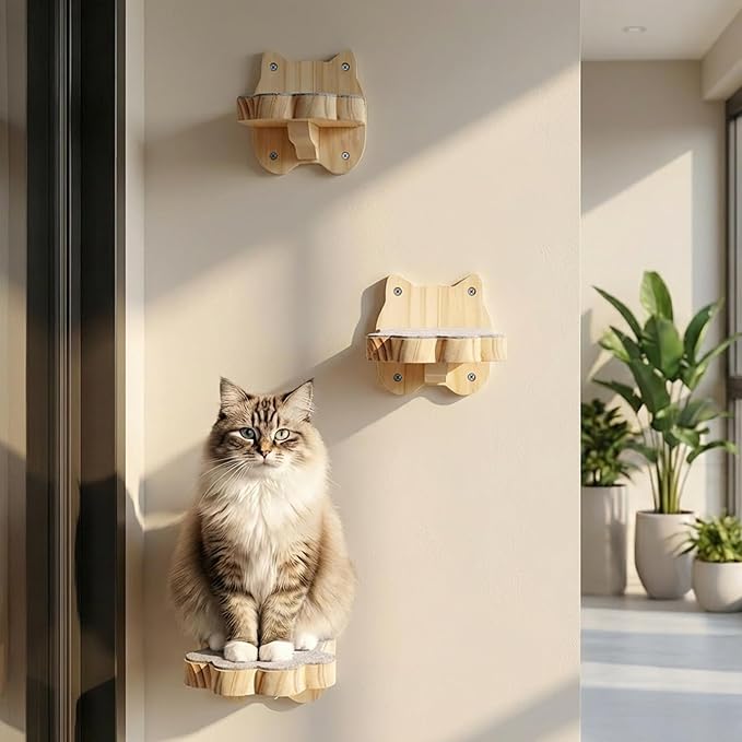 Tlence 3 Pack Cat Wall Shelves for Cats Steps, Wall Mounted Floating Cat Furniture with Non-Slip Felt, Cats Climbing Wall Stairs Perch for Jumping, Playing and Lounging, Holds up to 30lbs