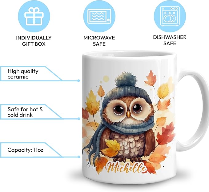 Hyturtle Personalized Fall Owl Maple Leaves Coffee Mug - Birthday Gifts For Owl Lovers - Fall Autumn Decor Gifts For Farmhouse Thanksgiving - Custom Name 11oz White Ceramic Coffee Tea Mug