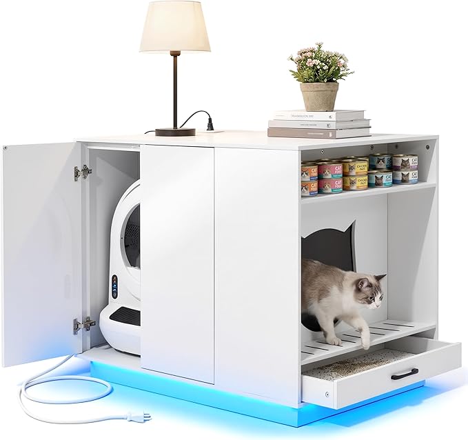 Large Hidden Litter Box Furniture with Led Light & Power Outlets, Modern Cat Litter-Box Enclosure for Self-Cleaning Litter Boxes, Indoor Wooden Storage Cat Cabinet, High-Gloss White
