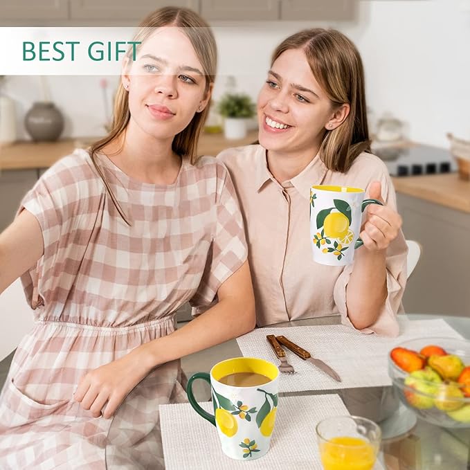 NymphFable Hand Painted Ceramic Large Coffee Mug with Handle 20oz Lemons Tea Cup Gifts for Women