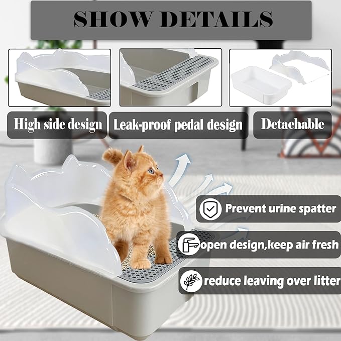kathson Open Cat Litter Box with High Side,Anti-Splashing Cats Litter Pan,Kitten Toilet with Litter Sifting Scoop,Semi-Enclosed Removable Kittens Litter for Boxes Easy to Clean No Odor-Grey