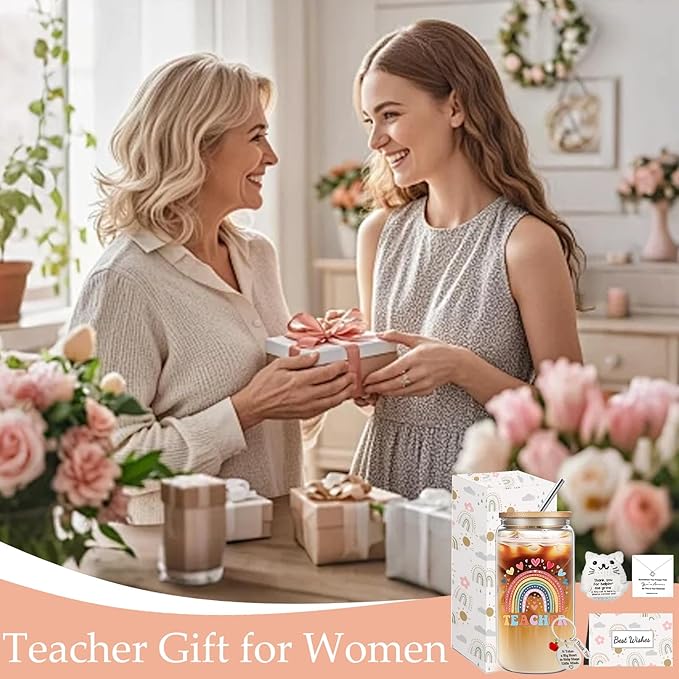 Teacher Birthday Gifts for Women, Teacher Appreciation Gifts, Thank You Christmas Retirement Gifts Set with 16 oz Glass Cup Necklace