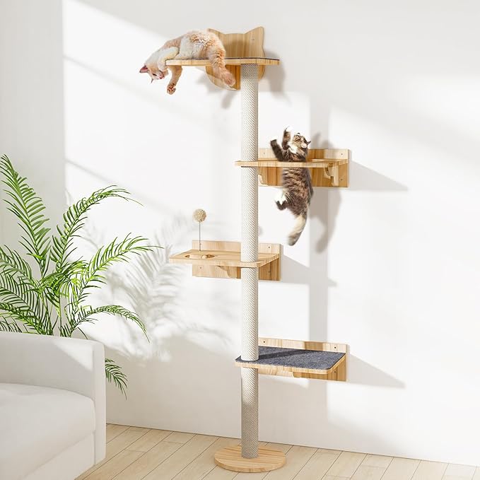 Wall Mounted Cat Tree with 2pcs Non-Slip Carpet, 63" Tall Sisal Scratching Post and Cat Shelves Perch with Wood Track Toy Ball, Cat Wall Shelf ClimbingTower for Indoor Middle Large Kitten