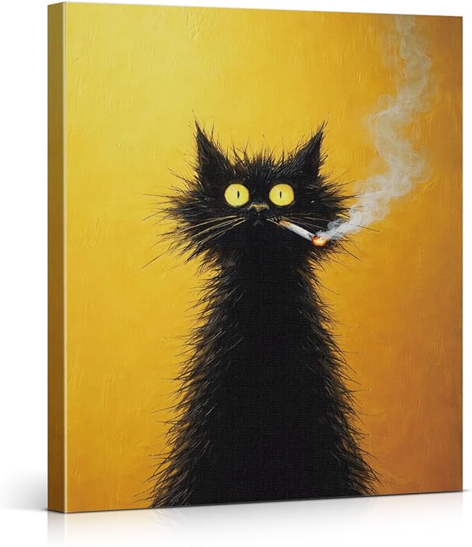 Whimsical Vintage Cat Wall Art Decor Retro Quirky Cat Print Picture Funny Animal Wall Decor for Home Living Room Man Cave 8x10 Inch Canvas Framed