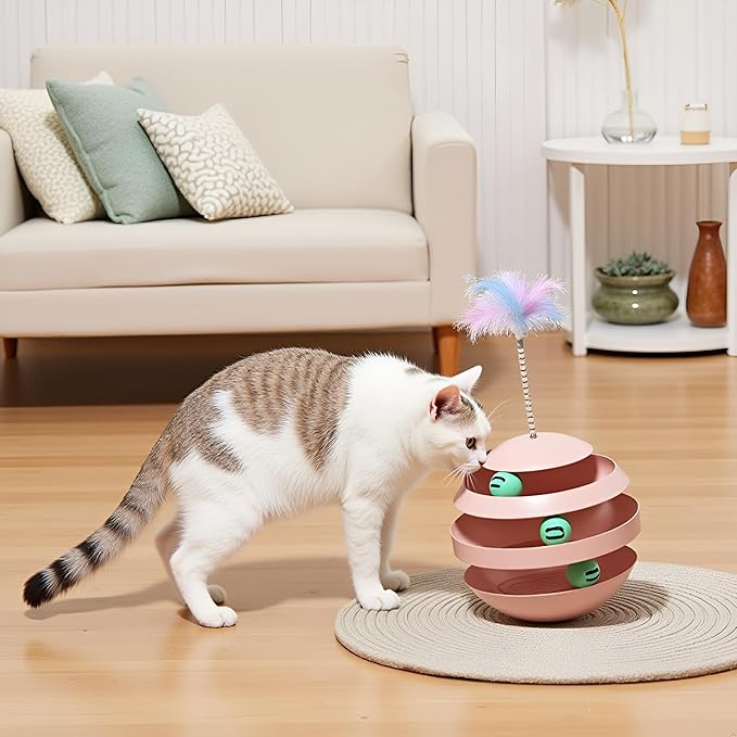 Cat Toys for Indoor Cats, Interactive Cat Toy Ball Track with Feather Sticks, 3 Spinning Balls, Wobble Rotating Tumbler Base for Bored Indoor Adult Cats to Play Alone, Reduce Anxiety (Pink).