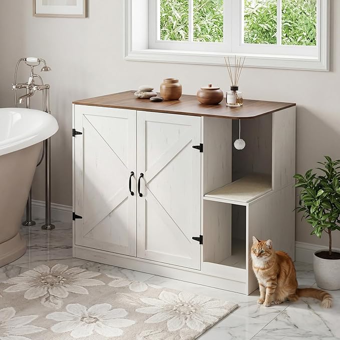 HOOBRO Farmhouse Cat Litter Box Enclosure, Automatic Cat Litter Box Cabinet with Charging Station, Hidden Cat Furniture with Hanging Ball & Sisal Mat, Tabletop & Hook, White and Walnut WH88UMW01