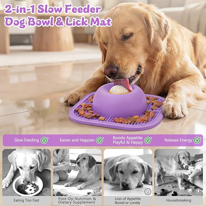 PetsHome Slow Feeder Dog Bowls & Lick Mat for Liquid and Thick Treat, Anti-Slip Dog Lick Bowl with Interactive Rolling Ball, 5/6 Cup Pup Licking Toy for Large Medium Small Dogs and Cats Purple