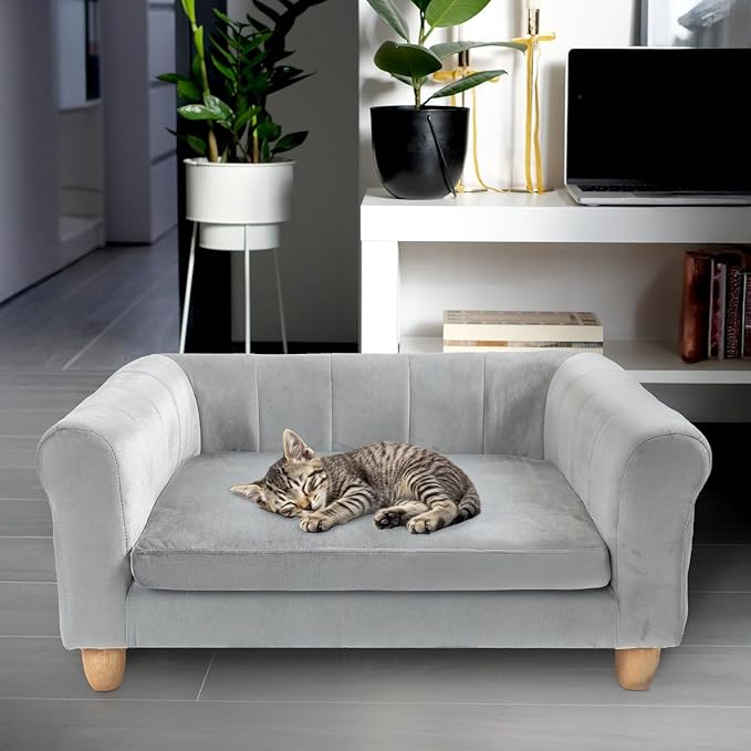 CRITTER SITTERS 33” Faux Suede Ped Bed in Grey, Durable Washable Sofa Couch for Small & Medium Cats & Dogs, Must Have Accessory for Yorkies, Shih Tzus & Frenchies, Kitten & Puppy Essential Furniture
