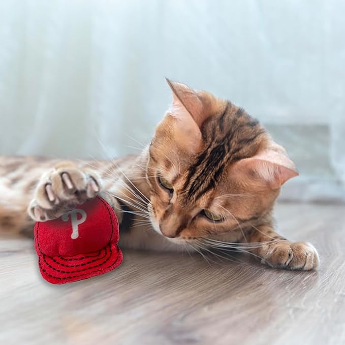 Best Plush CAT Toy - MLB Philadelphia Phillies Complete Set of 3 Piece Cat Toys Filled with Catnip. Incld: 1 Baseball Cap Cat Toy, 1 Baseball Cat Toy with Feathers & 1 Beer Bottle. Team Logos