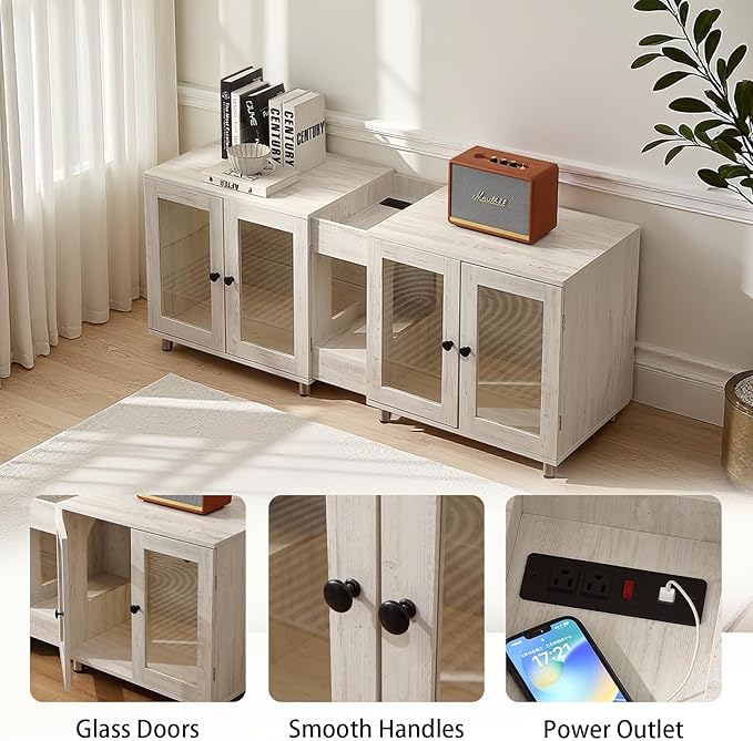 Double Cat Litter Box Enclosure for 2 Cats, Modern Double Litter Furniture with 7-Color LED & Built-in Power Outlet, Large Cozy Cat Space, 4 Glass Doors for Clear Viewing (White)