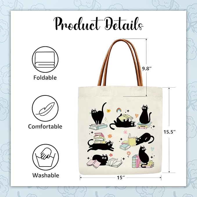 Black Cat Mom Book Lover Tote Bag for Women, Black Cat Gifts for Women Pet Owner, Mother's Day Birthday Kitten Gifts Grocery Lover Books Reader Aesthetics Tote Bag -PI07