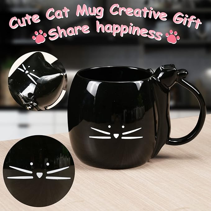 Koolkatkoo Cat Coffee Mug for Women Cute Ceramic Mugs for Cat Lover Tea Cup Black - White