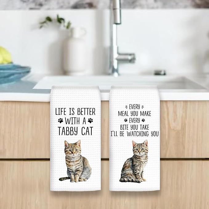 Tabby Cat Gifts Kitchen Towels Set of 2, Gifts for TabbyCat Lovers Hand Towels, Life is Better with a Tabby Cat Dish Towel Tea Towel for Kitchen, Cat Kitty Owners Kitchen Decor, 16x24In