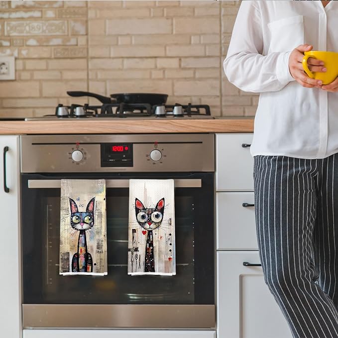 Black Cat Kitchen Towels Set - Cat Lovers Mom Gifts Waffle Decorative Dish Towels, Abstract Whimsical Kitten Hand Towel for Bathroom, Tea Towel, 16x24 Inch