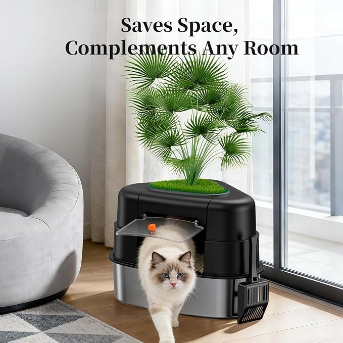 XXL Stainless Steel Corner Cat Litter Box with Lid, Enclosed Hidden Plant Litter Box with Artificial Plant, Easy-Clean Covered Decorative Litter Box for Large Cats, Black