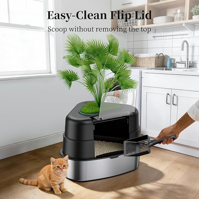 XXL Stainless Steel Corner Cat Litter Box with Lid, Enclosed Hidden Plant Litter Box with Artificial Plant, Easy-Clean Covered Decorative Litter Box for Large Cats, Black