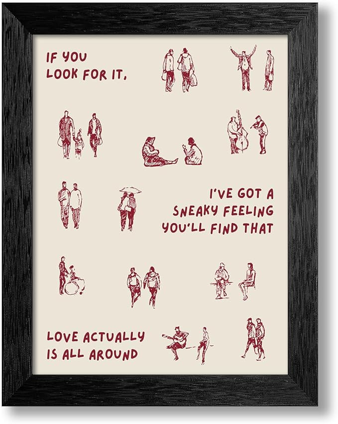 Love Actually Is All Around Wall Art Red Vintage Aesthetic Quotes Poster Minimalist Funky Small People Canvas Prints for Living Room Bedroom Wall Decor 12X16 inch Black Framed